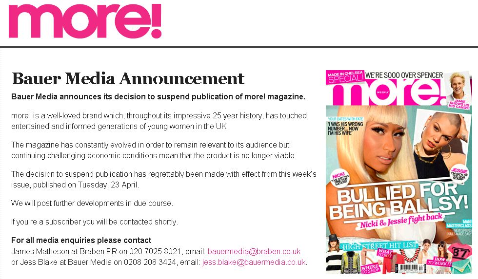 more! magazine is closing
